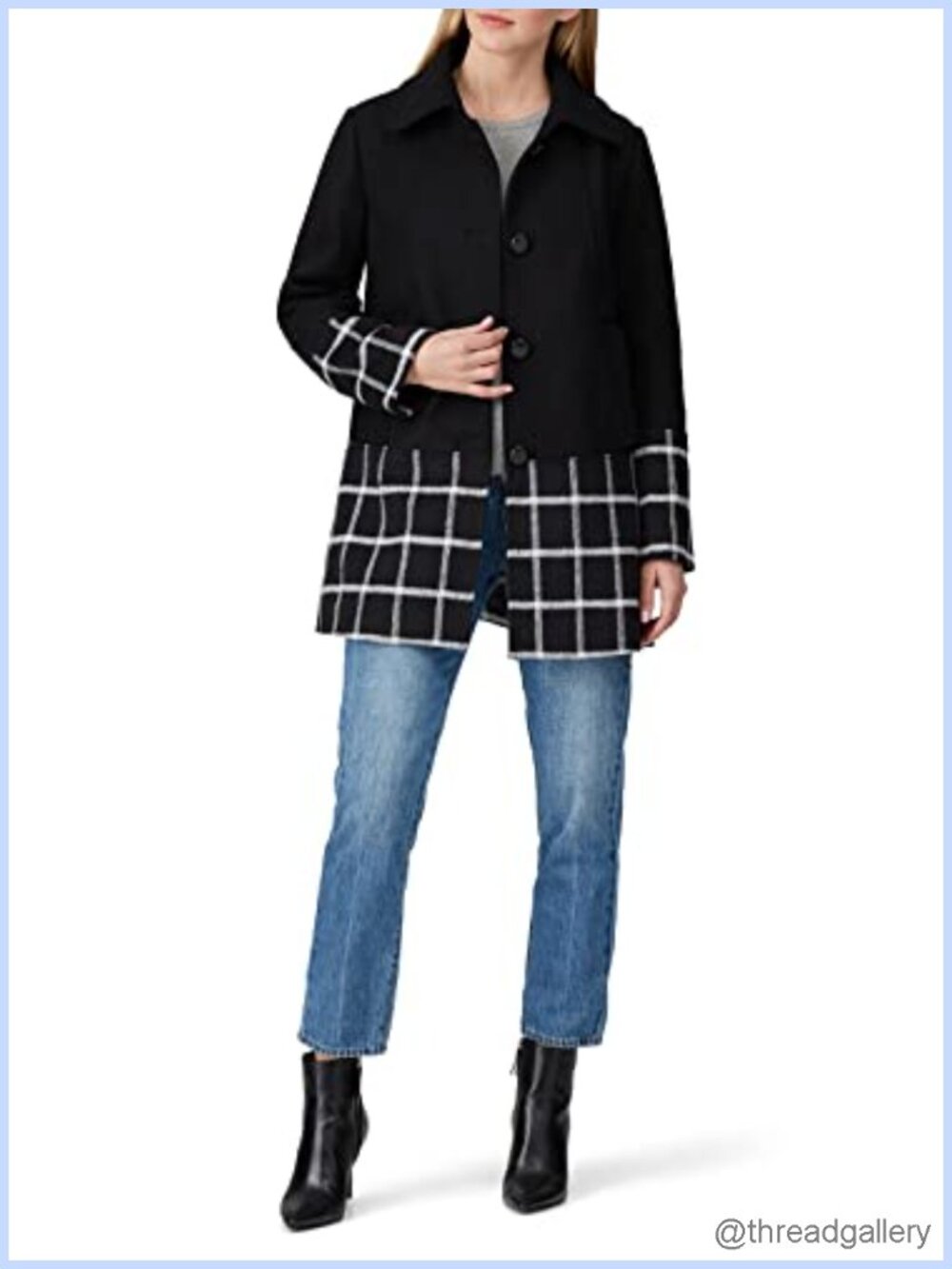 Windowpane Wool Coat Short Pea Coat Fully Lined Side Pockets